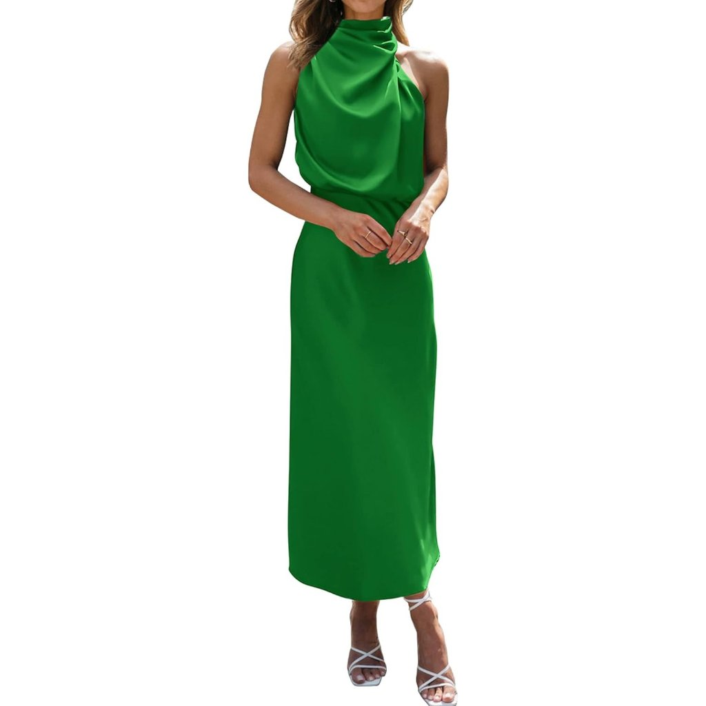 Women's Brilliant Green Cocktail Dress For Satin Silk Sleeveless High Waist Maxi